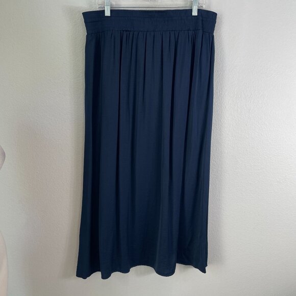 NEW Chicos Womens Large Satin Maxi Skirt Navy Blue Elastic Waist Pull On - Picture 9 of 9